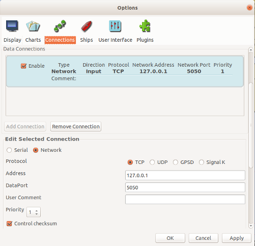 OpenCPN configuration for streaming data from a VirtualBox COM port TCP stream.