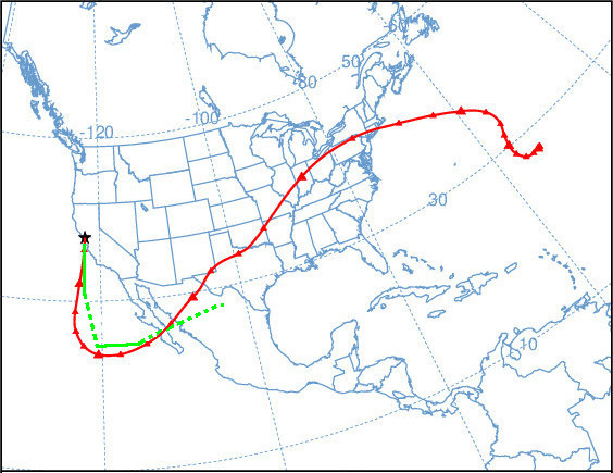Actual flight path drawn on the NOAA HYSPLIT model