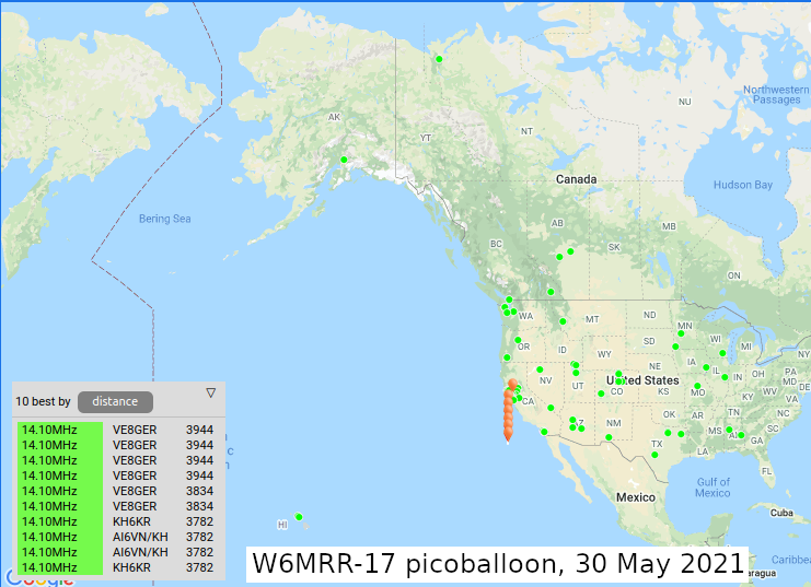 wspr.rocks screenshot of W6MRR-17 on Sunday May 30th