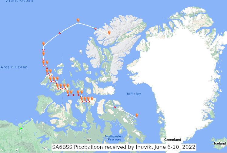 SA6BSS Picoballoon, received by Inuvik HF station