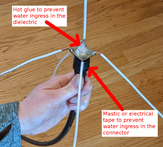 Waterproofing a quarter-wave ground plane antenna